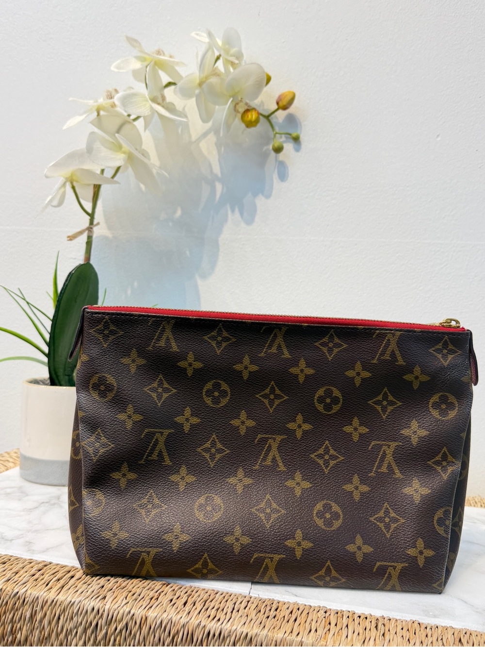 Louis Vuitton Monogram Canvas Pouch in Brown with Red Zip